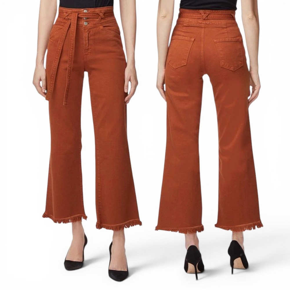 J Brand Sukey Crop Straight Jeans Womens 28 Eclair‎ Rust Fringe Hem Belted NEW